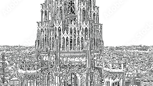 Strasbourg, France. The historical part of the city, Strasbourg Cathedral. Doodle sketch style. Aerial view