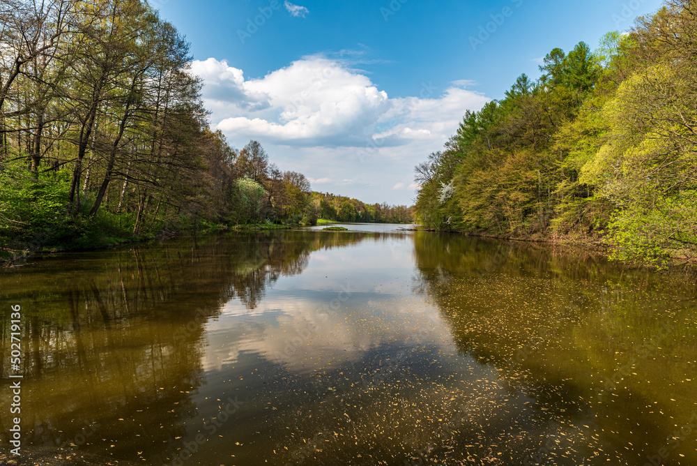 Dam with trees around during beautiful springtime day with blue sky and clouds Dam with trees around during beautiful springtime day with blue sky and clouds