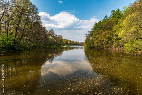 Dam with trees around during beautiful springtime day with blue sky and clouds