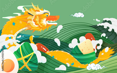 Dragon boat festival dragon flying in the river with waves and zongzi in the background  vector illustration