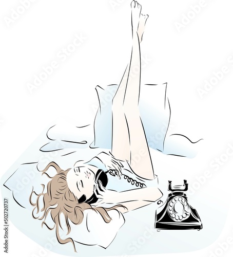 寝っ転がって電話する女性