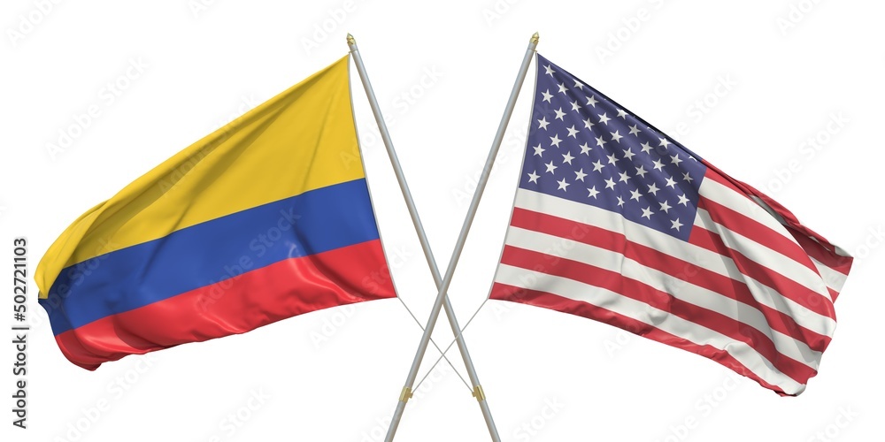 Flags of the USA and Colombia on white background. 3D rendering
