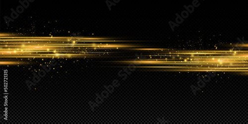 Gold horizontal lens flares pack. Laser beams, horizontal light rays. Glow transparent vector light effect set, explosion, shine, spark, solar flare.