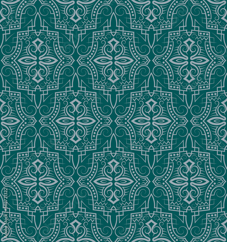 Medieval vintage seamless pattern. Symmetric decorative wallpaper. Vector chivalrous repeating ornament.