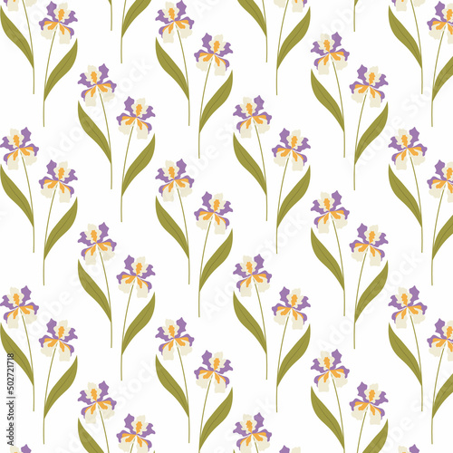 Pattern with yellow and lilac irises on an isolated layer