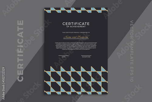 Trendy design of certificate of appreciation vertical dark template. Modern business diploma mockup for graduation or course completion with artistic geometric pattern. Vector background EPS 10