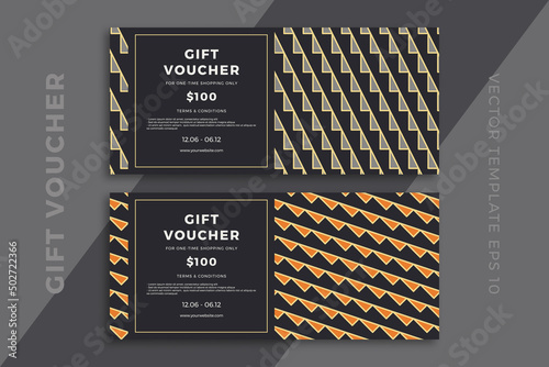 Elegant gift card templates with geometric pattern on dark background. Modern discount coupon or certificate mockup with artistic geometric mosaic. Simple vector editable background with sample text