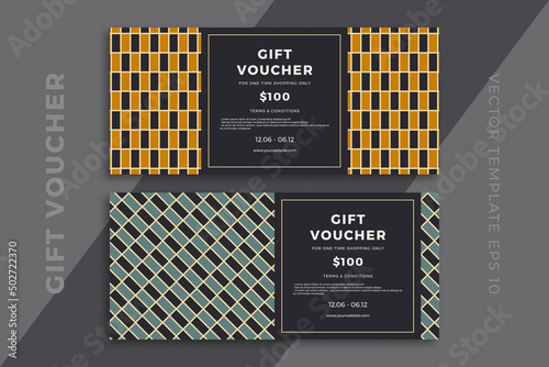 Modern discount coupon or certificate mockup with artistic geometric mosaic. Elegant gift card templates with geometric pattern on dark background. Simple vector editable background with sample text