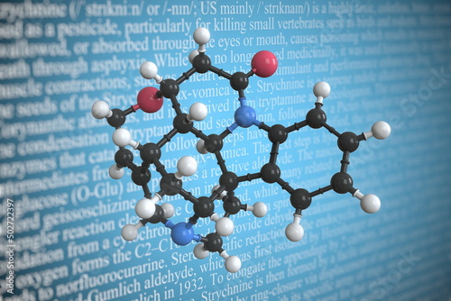 Strychnine scientific molecular model, 3D rendering