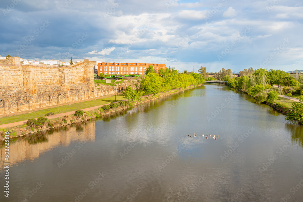Scenic view of Guadiana River by Mérida city. On the left is the Alcazaba. Extremadura, Spain