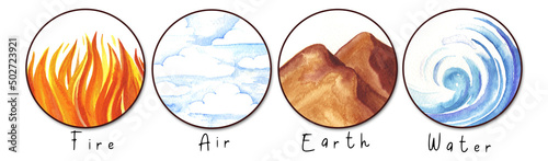 Four natural elements: fire, water, earth and air. Watercolor illustration set.