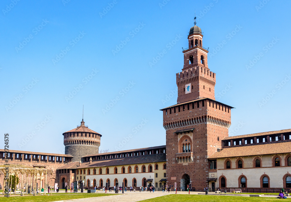 The Torre del Filarete in the Castello Sforzesco (Sforza Castle) in Milan, Italy, seen from the outer courtyard on a sunny day.