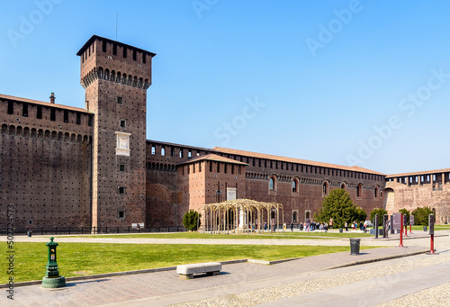 The Torre di Bona di Savoia in the Castello Sforzesco (Sforza Castle) in Milan, Italy, seen from the outer courtyard on a sunny day.