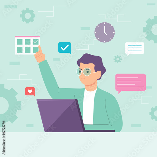 Cartoon happy young man freelancer artist designer character working with laptop