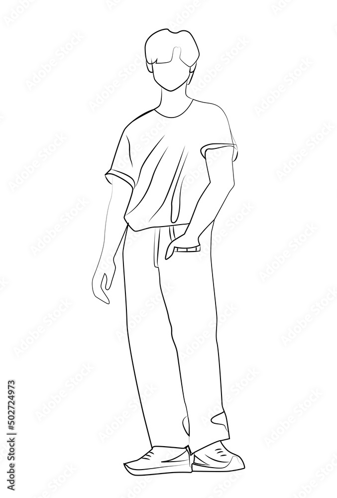 K pop man hand drawn outline. Street fashion. Idols of Koreans. Vector illustration isolated on a white backgrond.
