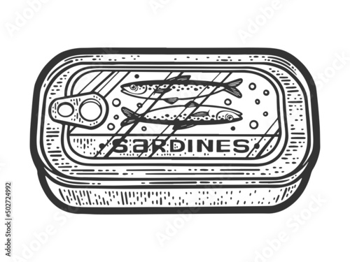 canned sardines sketch engraving vector illustration. T-shirt apparel print design. Scratch board imitation. Black and white hand drawn image.