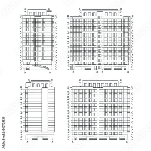 Multistory building detailed architectural technical facade drawing, vector blueprint 