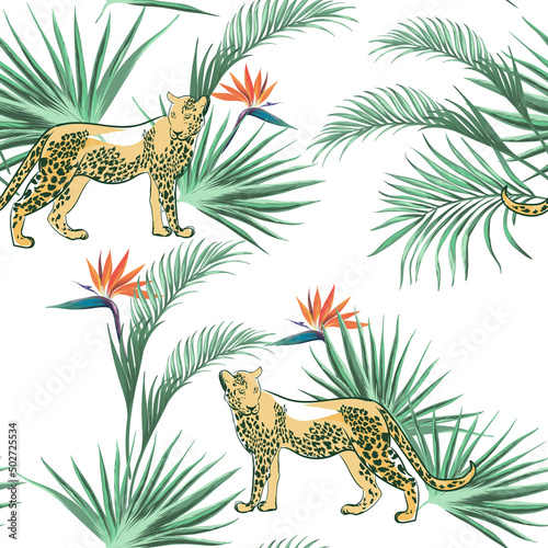 Safari background. Jungle wild seamless pattern with leopard, palm leaves. Isolated elements. Summer print. Exotic wallpaper.