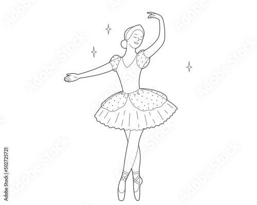 Dancing ballerina in tutu and pointe shoes. Coloring book. Outline Illustration on white background.