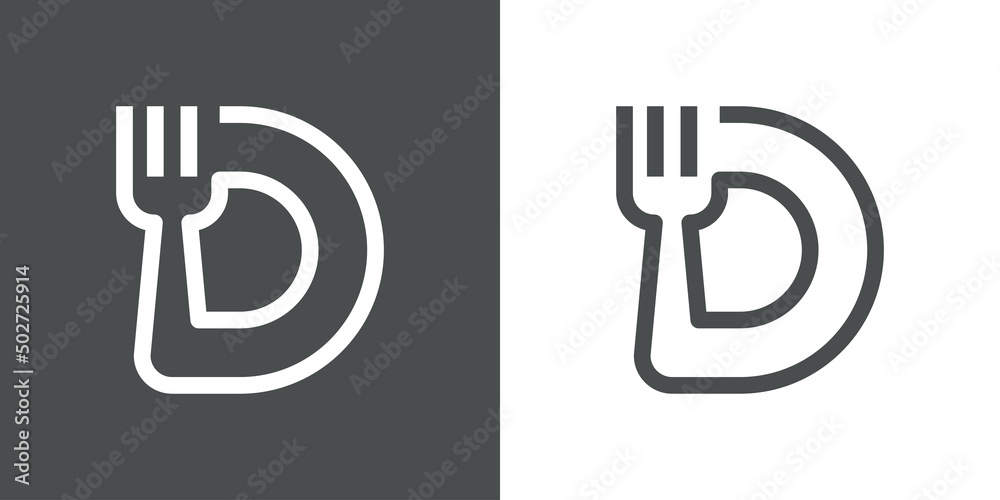 Logotipo restaurante con letra D con silueta de tenedor en plato con líneas en fondo gris y fondo blanco