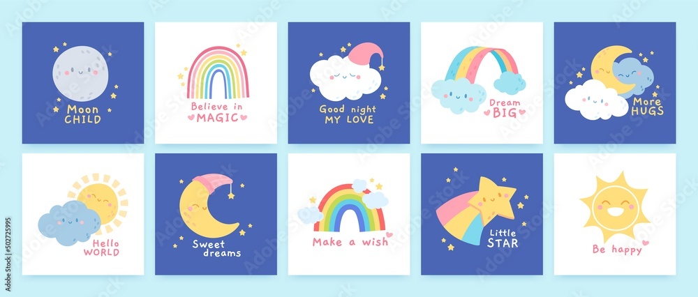 Cute cards with positive affirmation quotes, childish posters with rainbows, clouds, moon sun and stars characters. inspiration poster for nursery decoration, greeting card for kids vector set