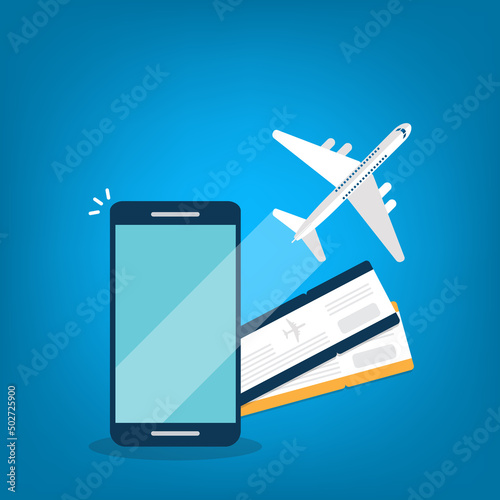 Booking online tickets .Buy or check in. Vector Illustration of online ticket, tourism and travel, vacation and journey by plane.