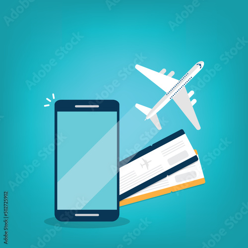 Booking online tickets .Buy or check in. Vector Illustration of online ticket, tourism and travel, vacation and journey by plane.