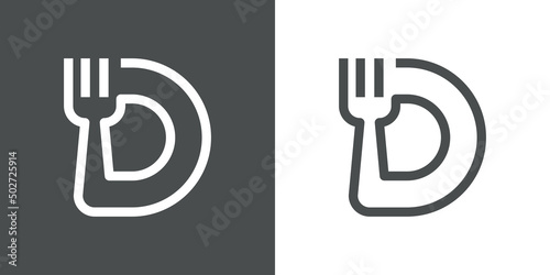 Logotipo restaurante con letra D con silueta de tenedor en plato con líneas en fondo gris y fondo blanco
