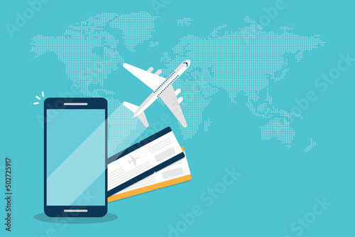 Booking online tickets .Buy or check in. Vector Illustration of online ticket, tourism and travel, vacation and journey by plane.
