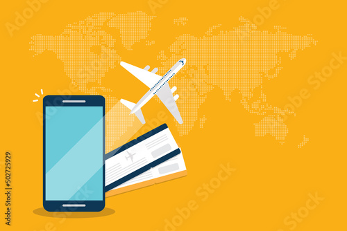 Booking online tickets .Buy or check in. Vector Illustration of online ticket, tourism and travel, vacation and journey by plane.
