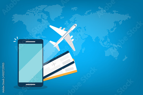 Booking online tickets .Buy or check in. Vector Illustration of online ticket, tourism and travel, vacation and journey by plane.