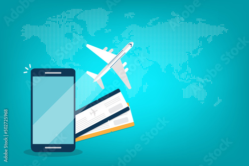 Booking online tickets .Buy or check in. Vector Illustration of online ticket, tourism and travel, vacation and journey by plane.