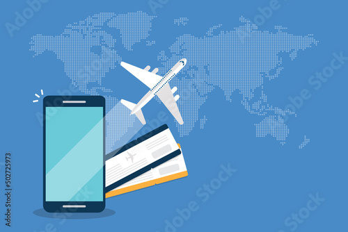 Booking online tickets .Buy or check in. Vector Illustration of online ticket, tourism and travel, vacation and journey by plane.