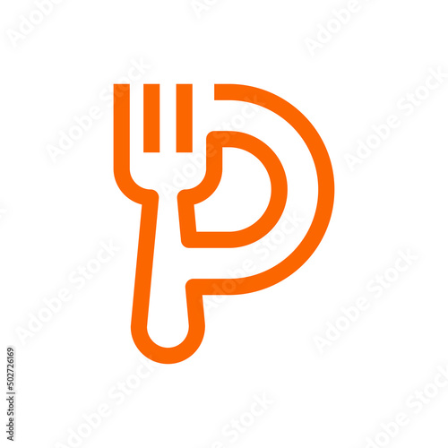 Logotipo restaurante con letra P con silueta de tenedor en plato con líneas en color anaranjado