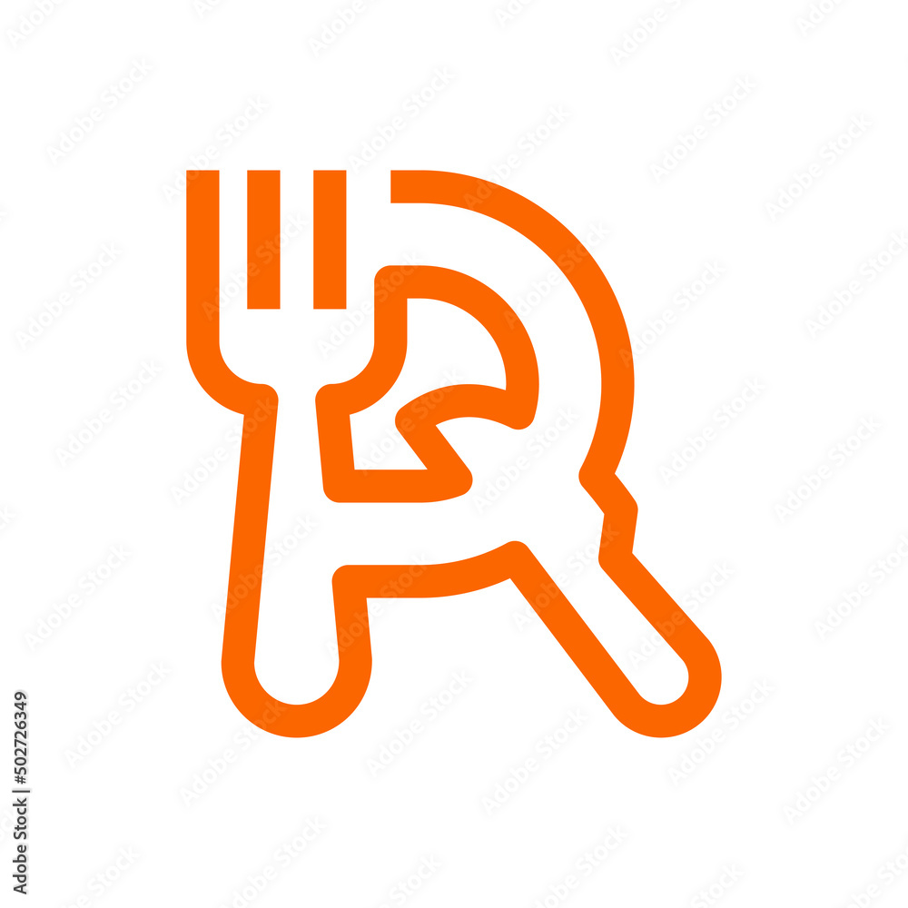 Logotipo restaurante con letra R con silueta de tenedor y cuchillo en plato con líneas en color anaranjado Logotipo restaurante con letra R con silueta de tenedor y cuchillo en plato con líneas en color anaranjado