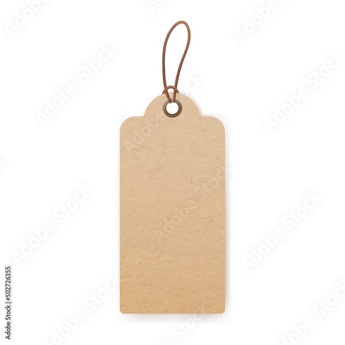 Craft paper label hanging on cord. Kraft cardboard tag mockup. Blank carton badge on string. Eco rustic beige card with loop on twine. Realistic vector illustration isolated on white background