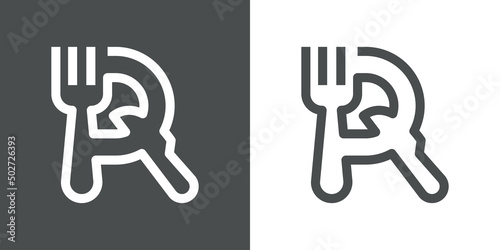 Logotipo restaurante con letra R con silueta de tenedor y cuchillo en plato con líneas en fondo gris y fondo blanco