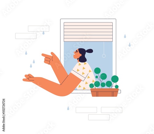 Woman enjoying summer rain, looking outside open window at home. Girl happy with warm rainy weather outdoors, stretching hands to raindrops. Flat vector illustration isolated on white background