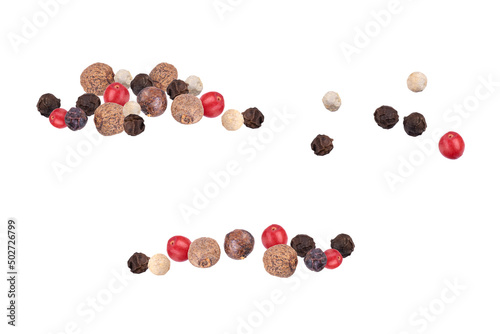 Pepper mix. Heap of black, red, white and allspice peppercorns isolated on white background, close up