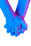 Humans hands with interlocked fingers isolated on white background for posters, banners, wallpaper. Two palms with interlaced fingers in violet blue neon colors. Psychedelic creative. Contemporary art