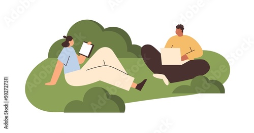 Students sitting on lawn in campus. Young college people, man and woman study...