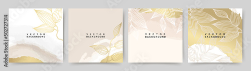 Luxury square covers with elegant  floral shapes, gold on beige backgrounds. Social media stories and post templates. Greeting card and invitation. Vector illustration