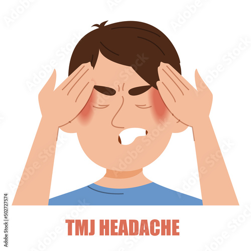TMJ headache vector isolated. Illustration of a man suffering from headache caused by TMJ disorder. Tension pain.