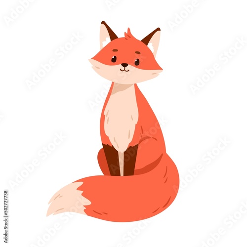 Cute fox pup portrait. Smiling wild animal sitting with fluffy shaggy tail. Happy friendly foxy character with orange fur. Childish flat graphic vector illustration isolated on white background