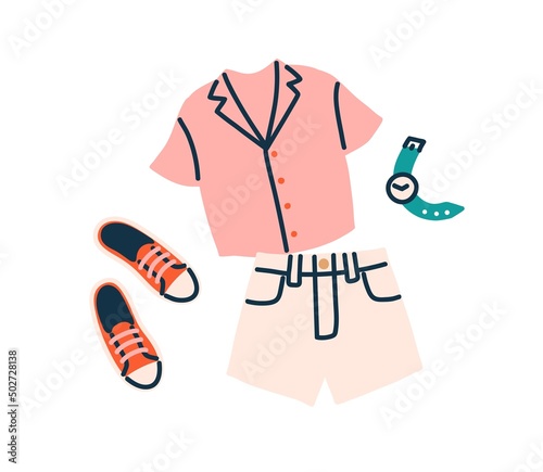 Women clothes, accessories for summer holiday. Female shirt, shorts, sneakers...