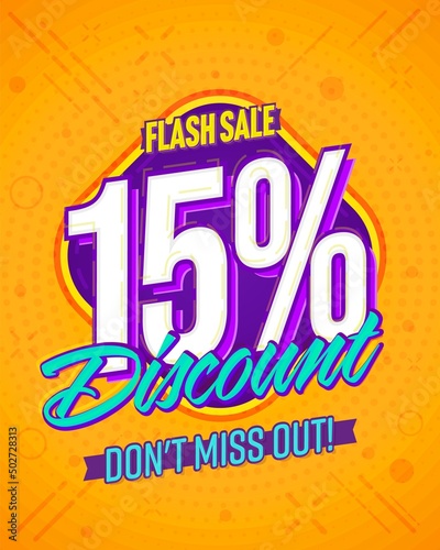 15 percent discount promotion during flash sale shop offer. Sale banner, web poster, social media flyer vector illustration
