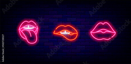 Woman lips neon icon collection. Protruding tongue and kiss. Biting mouth. Sexy signboard. Vector stock illustration