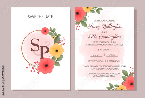 Wedding invitation with watercolor flowers