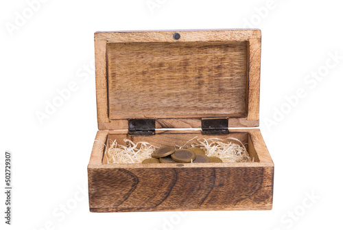 euro coins in wooden box isolated