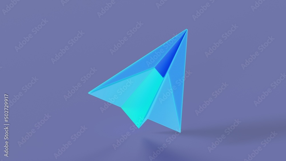 Blue paper airplane on isolated background illustration on receiving message 3d render